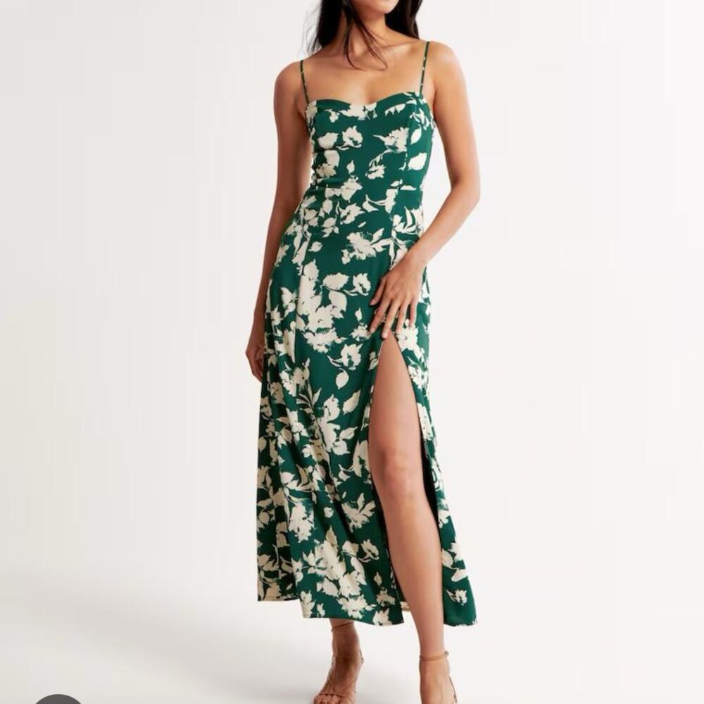 Abercrombie Camille Satin High Slit Maxi Dress Green Floral